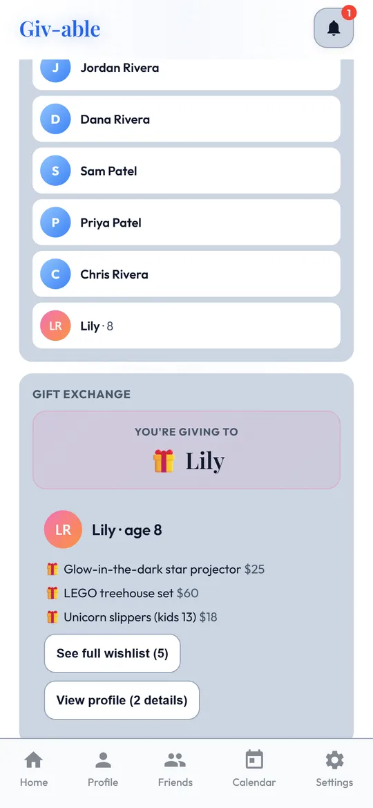A Secret Santa match in Giv-able showing a child's age and top wishes.